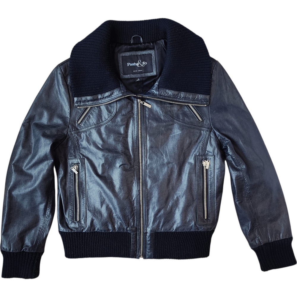 Pasha & Co. Black Shiny Leather Bomber Jacket - Size Large
